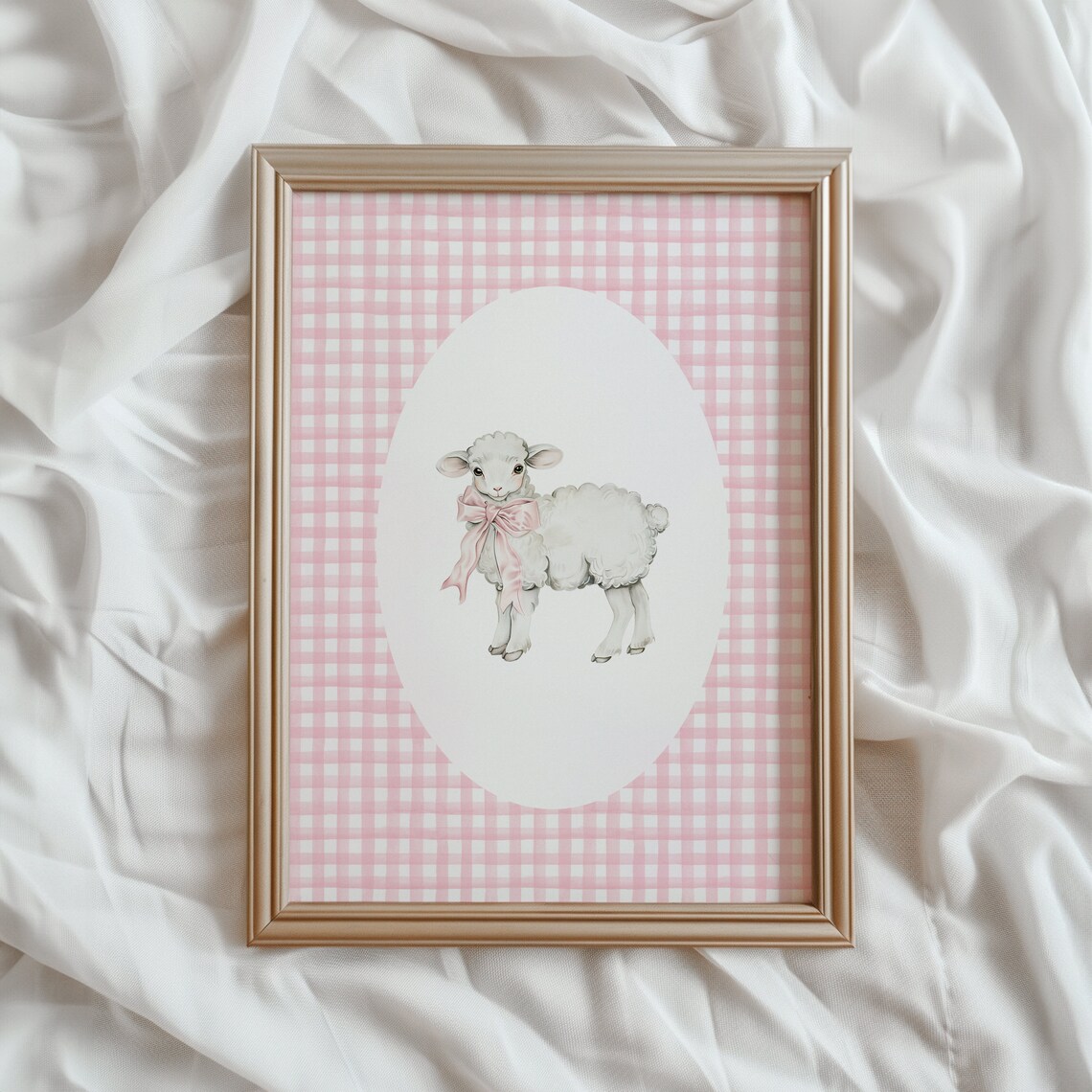 Lamb Nursery Print, Gingham Pink Cottagecore Decor
