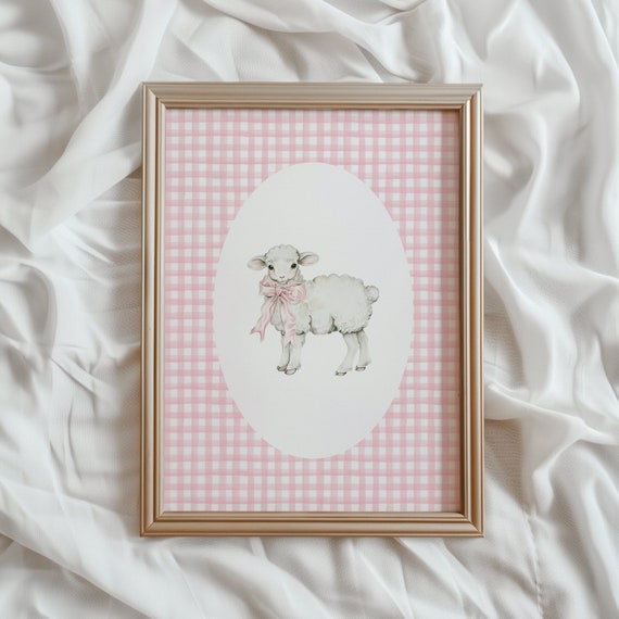 Lamb Nursery Print, Gingham Pink Cottagecore Decor