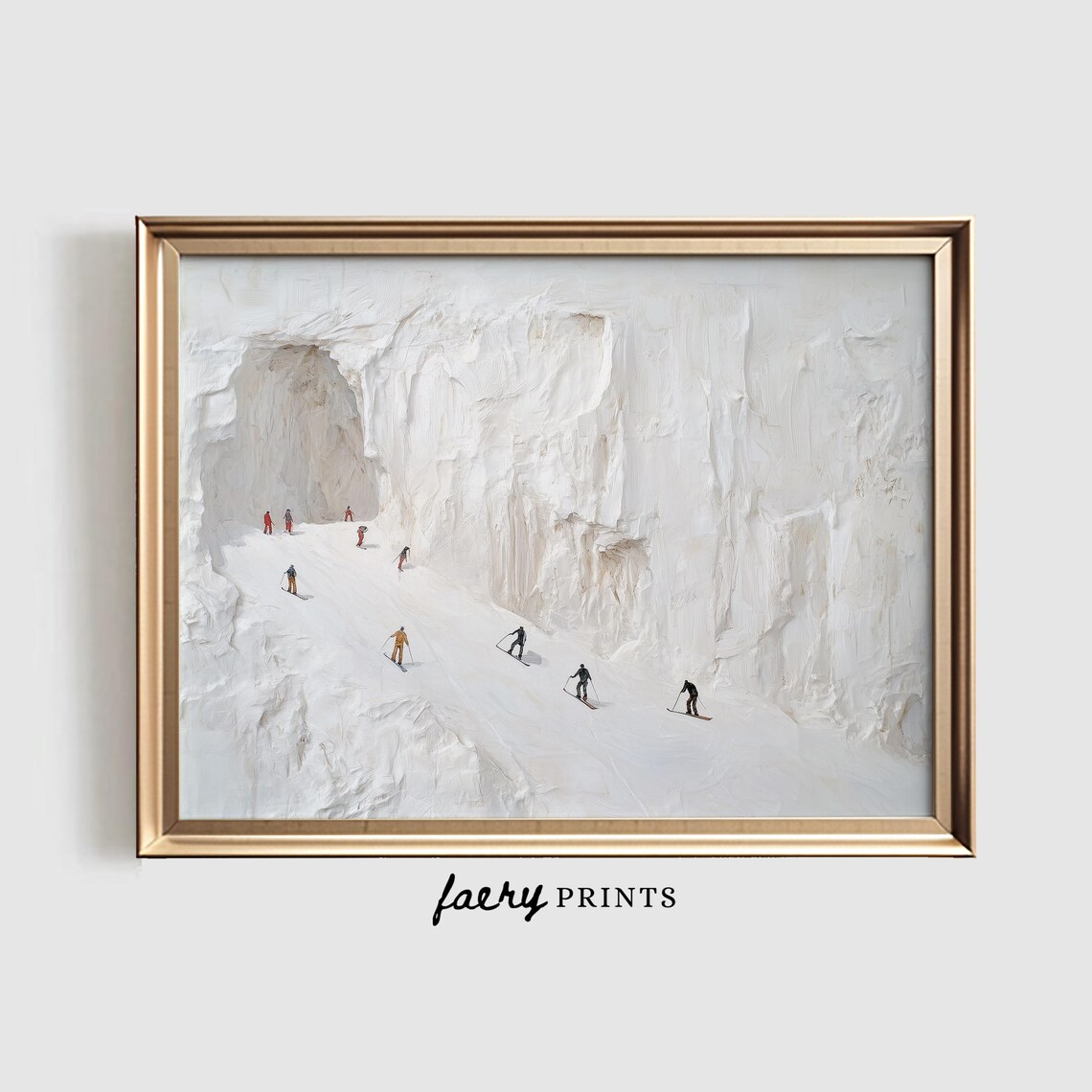 Skiers Descending Snowy Mountain Canyon Winter Ski Art Poster