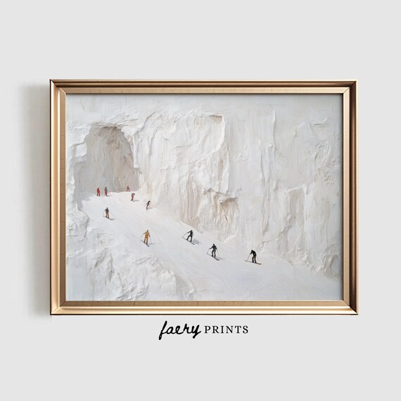 Skiers Descending Snowy Mountain Canyon Winter Ski Art Poster