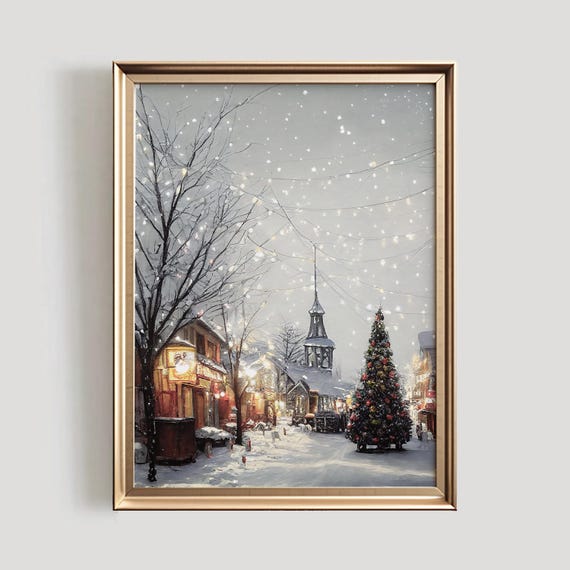 Winter Christmas Village Art Print, Silent Night