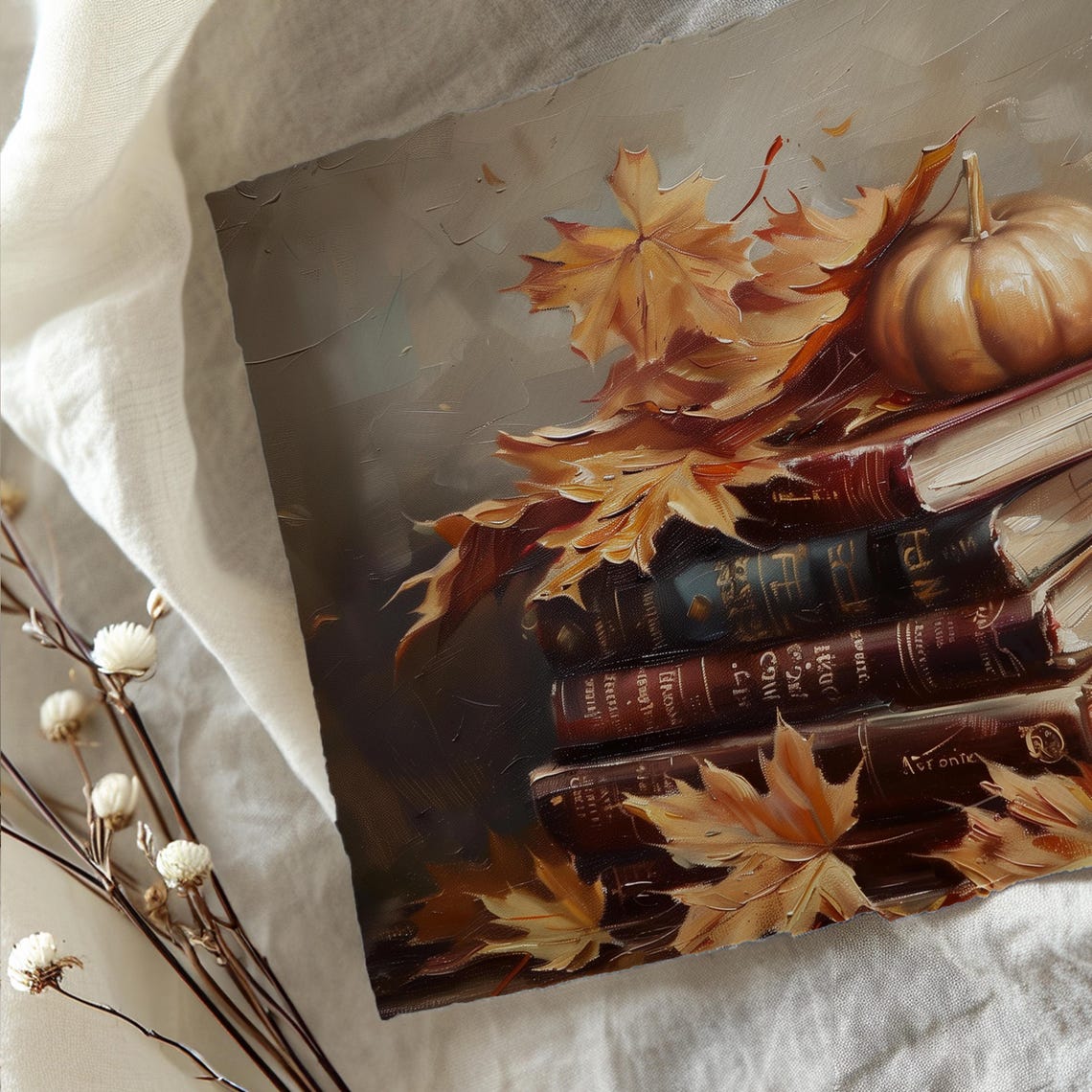 Vintage Books Stack Pumpkin Autumn Leaves Fall Still Life Poster - Image 2