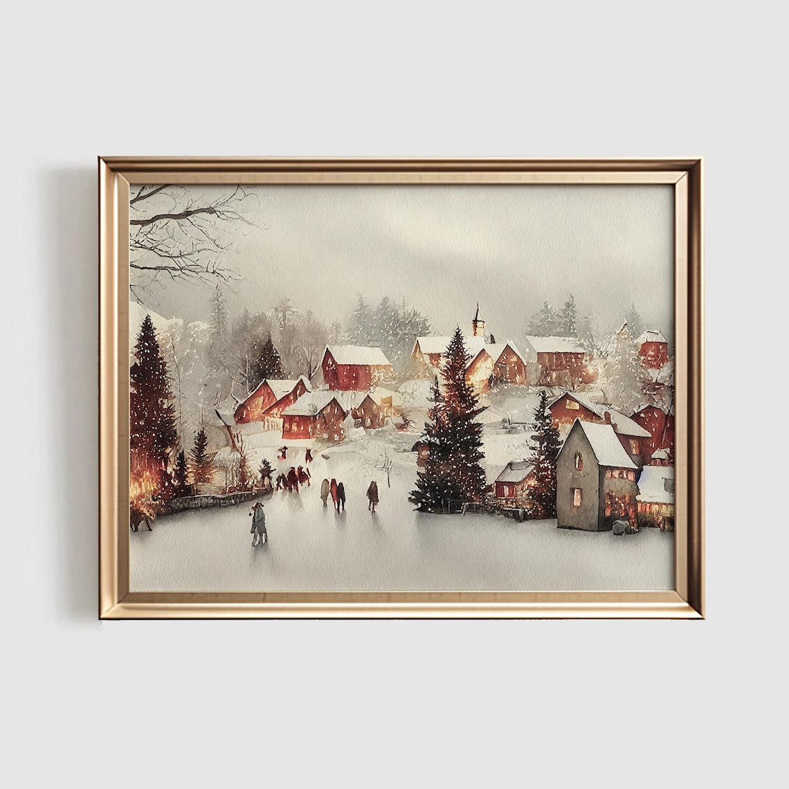 Winter Watercolor Christmas Village Art Print