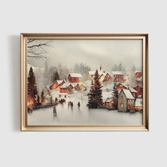 Winter Watercolor Christmas Village Art Print