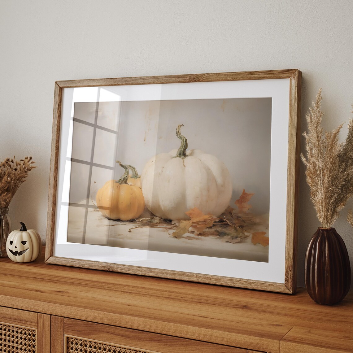 White Pumpkin with Orange Pumpkins Autumn Still Life Oil Poster - Image 5