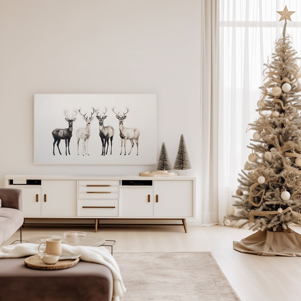 Monochrome Deer Family Winter Herd Neutral Christmas Scene Poster
