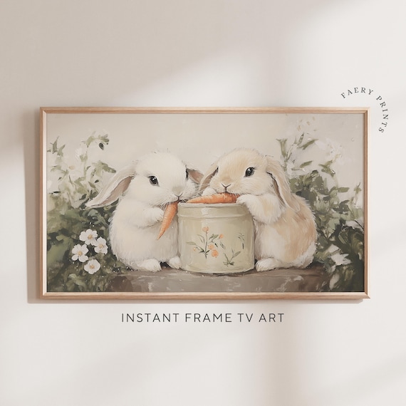 Two Bunnies Sharing Carrots Cute Easter Spring TV Art Poster