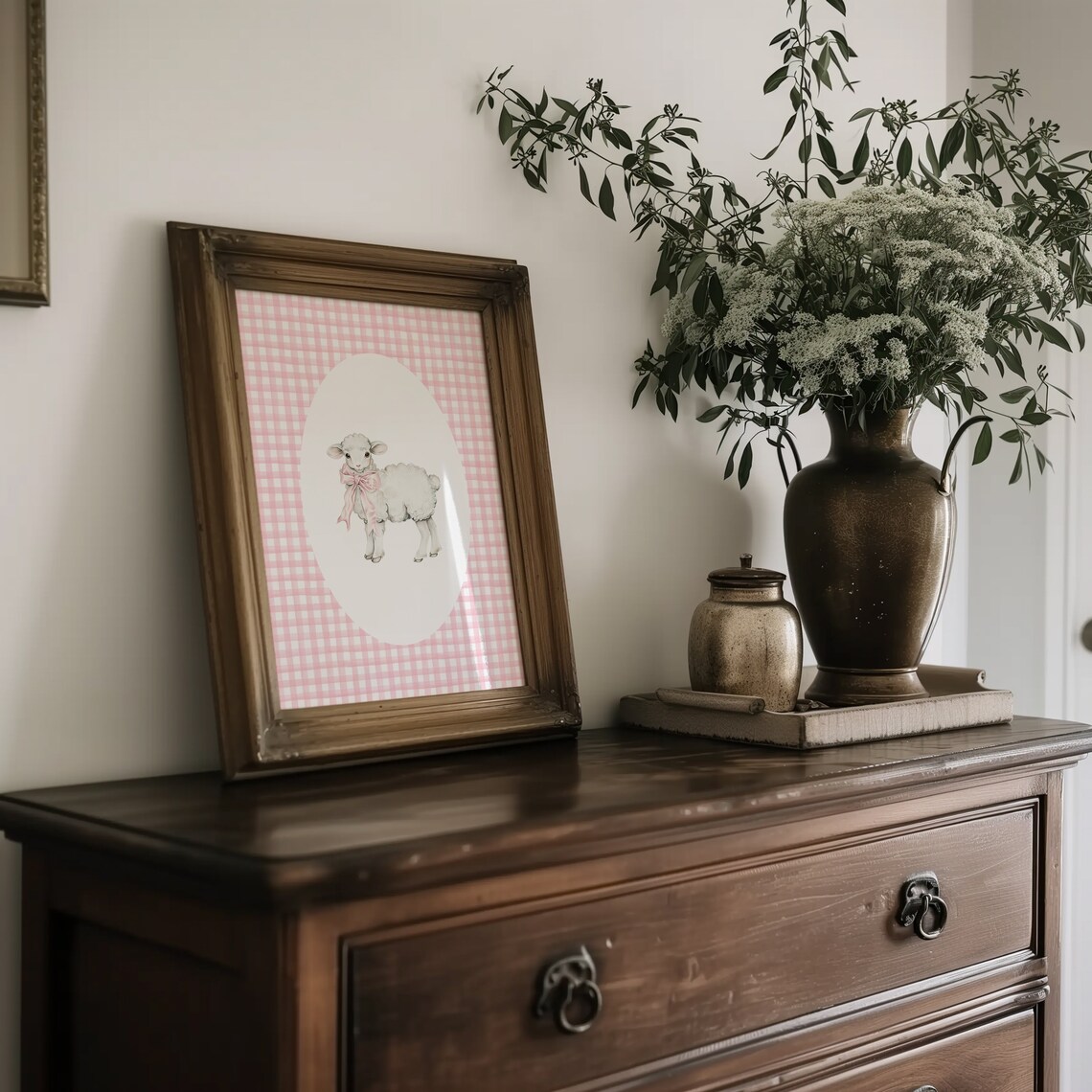 Lamb Nursery Print, Gingham Pink Cottagecore Decor - Image 5