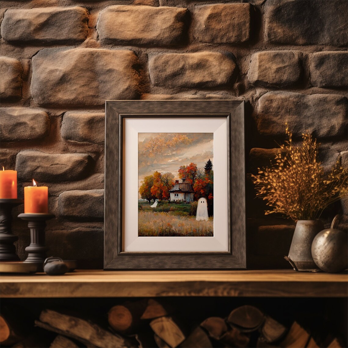 Little Ghosts Vintage Landscape Painting, Halloween Art Print - Image 3