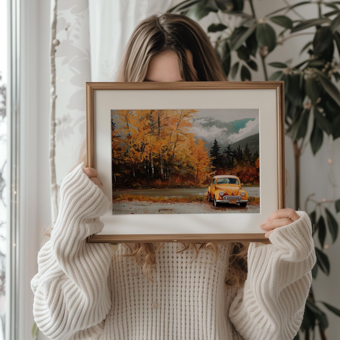 Orange Vintage Car in Autumn Forest Landscape Oil Painting Poster - Image 3