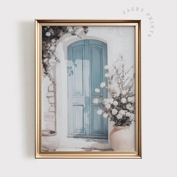 Blue Door Wall Art Mediterranean Home Print Vintage Architecture Decor Neutral European Rustic Cottage Artwork 1253