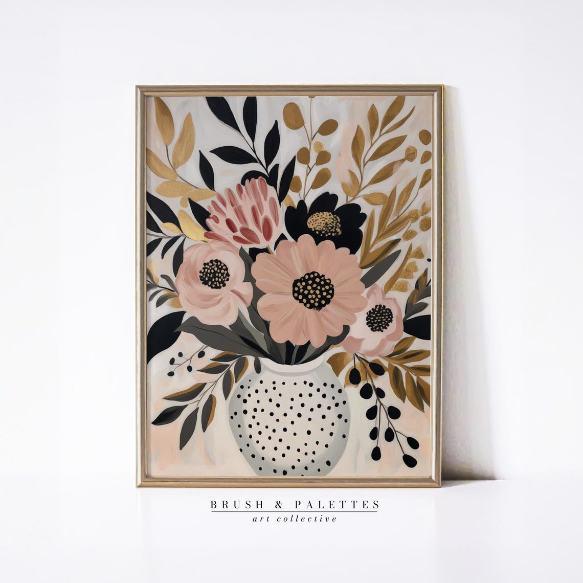 Blush Pink Black Gold Floral Vase Modern Boho Botanical Wall Poster