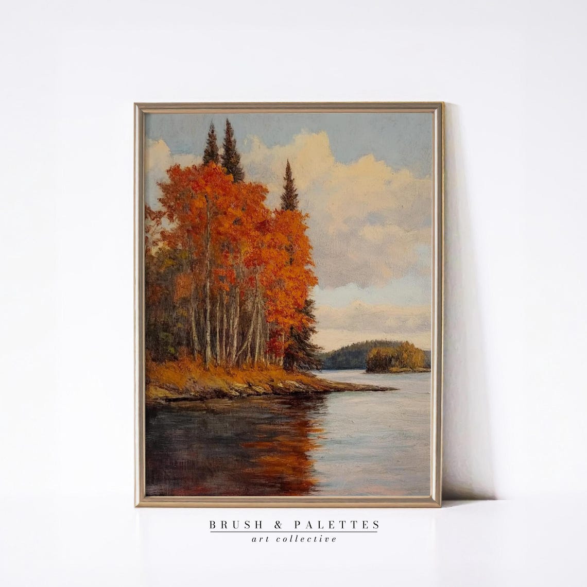 Autumn Lakeside Birch Trees Orange Foliage Fall Landscape Art Poster