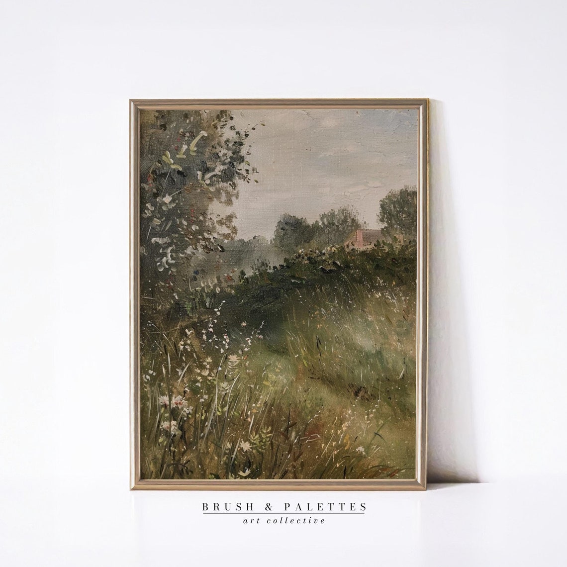 Misty Meadow Wildflowers Trees Distant House Tranquil Landscape Poster