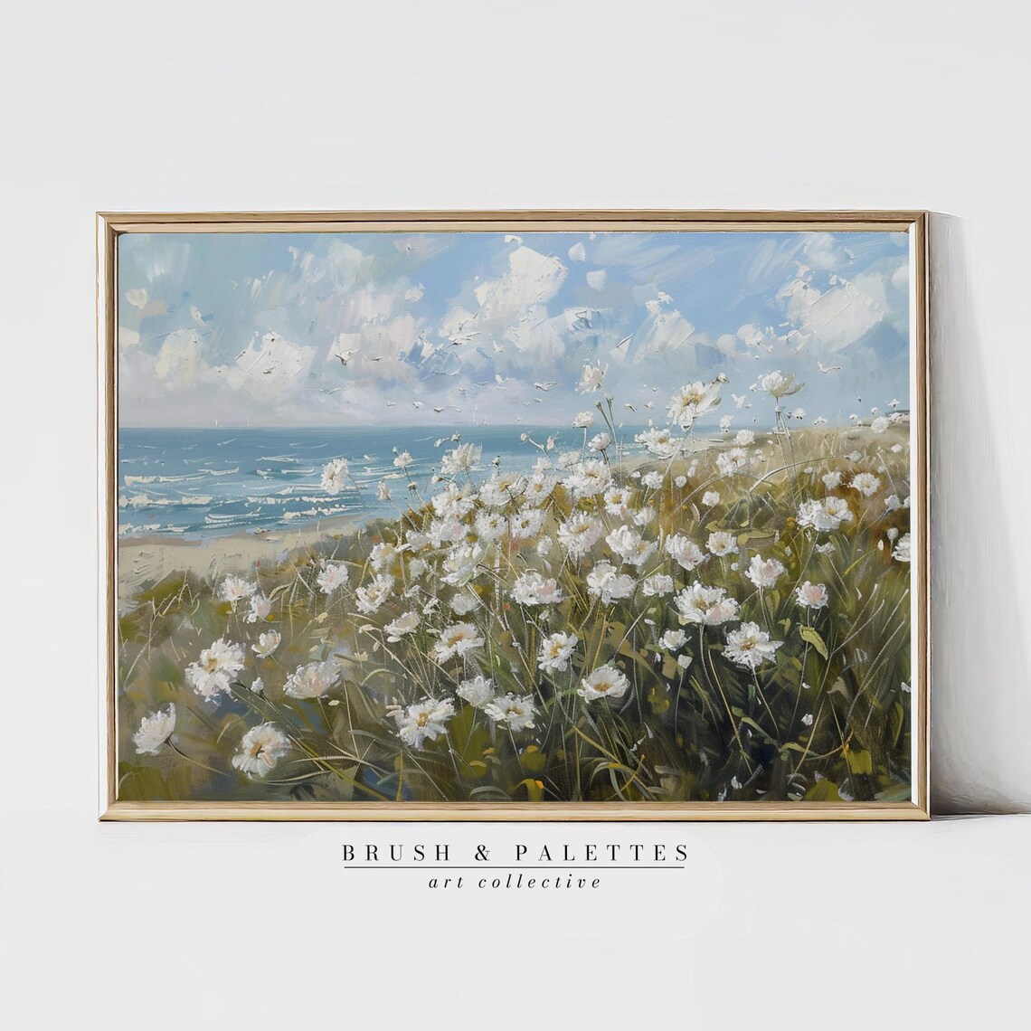 White Wildflowers Coastal Daisies Impasto Sea Meadow Painting Poster