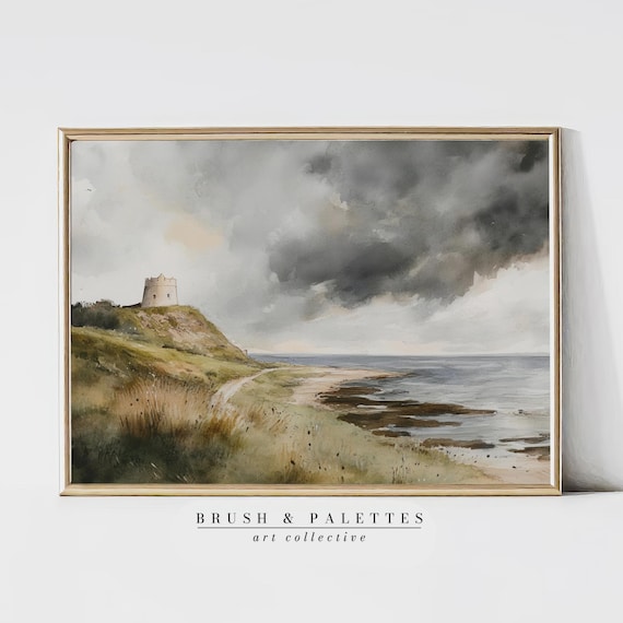 Stormy Coastal Tower Watercolor Moody Cliff Seascape Painting Poster
