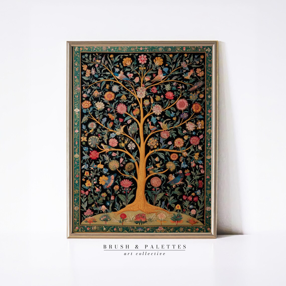 Tree of Life Golden Trunk Jewel Tone Floral Birds Folk Art Print