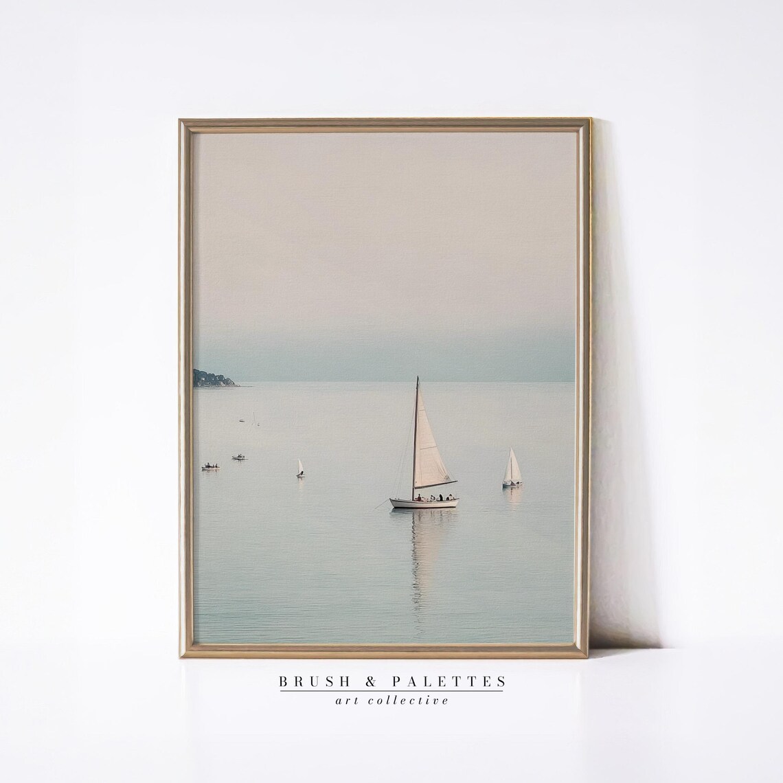 Sailboats on Calm Sea Minimalist Seascape Pastel Coastal Painting Poster