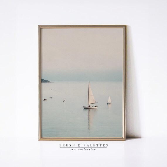 Sailboats on Calm Sea Minimalist Seascape Pastel Coastal Painting Poster