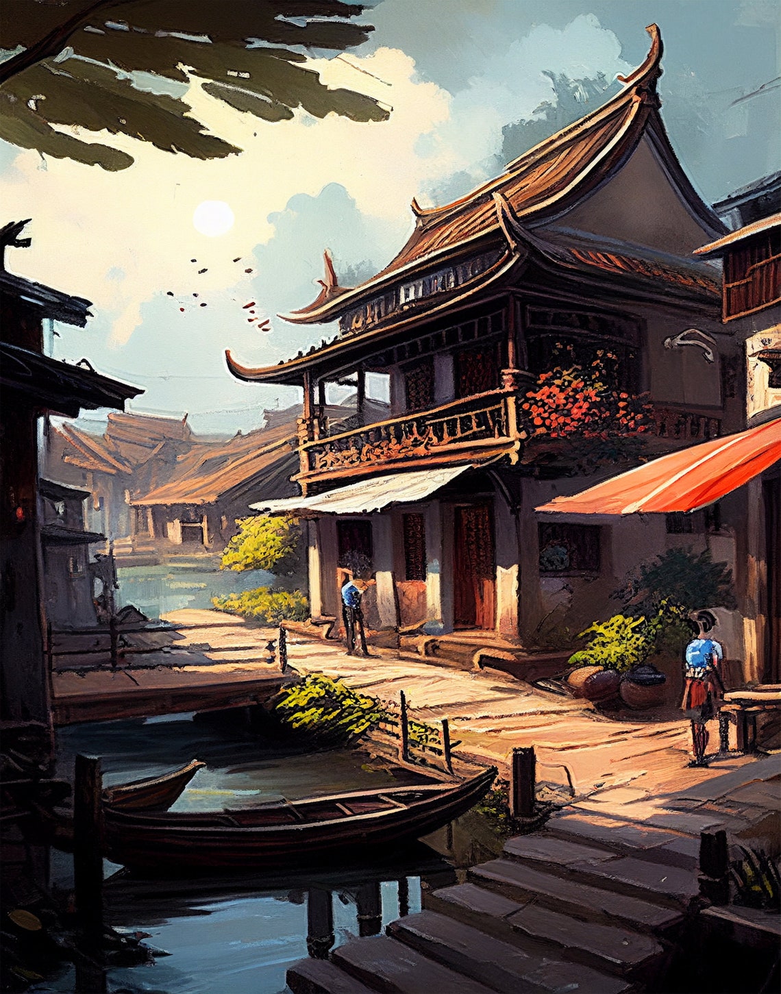Asian Old Town Waterfront with Traditional House Boat Poster - Image 2