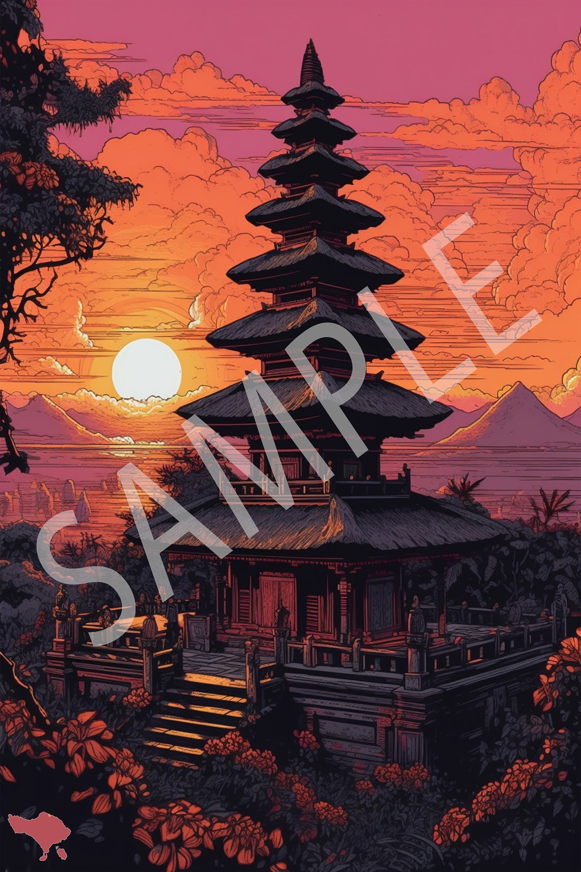 Bali Besakih Temple Pagoda At Sunset Woodblock Style Art Poster - Image 2