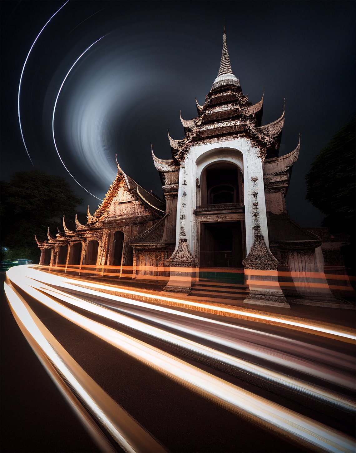 Thai Temple at Night with Long Exposure Light Trails Bangkok Poster - Image 2
