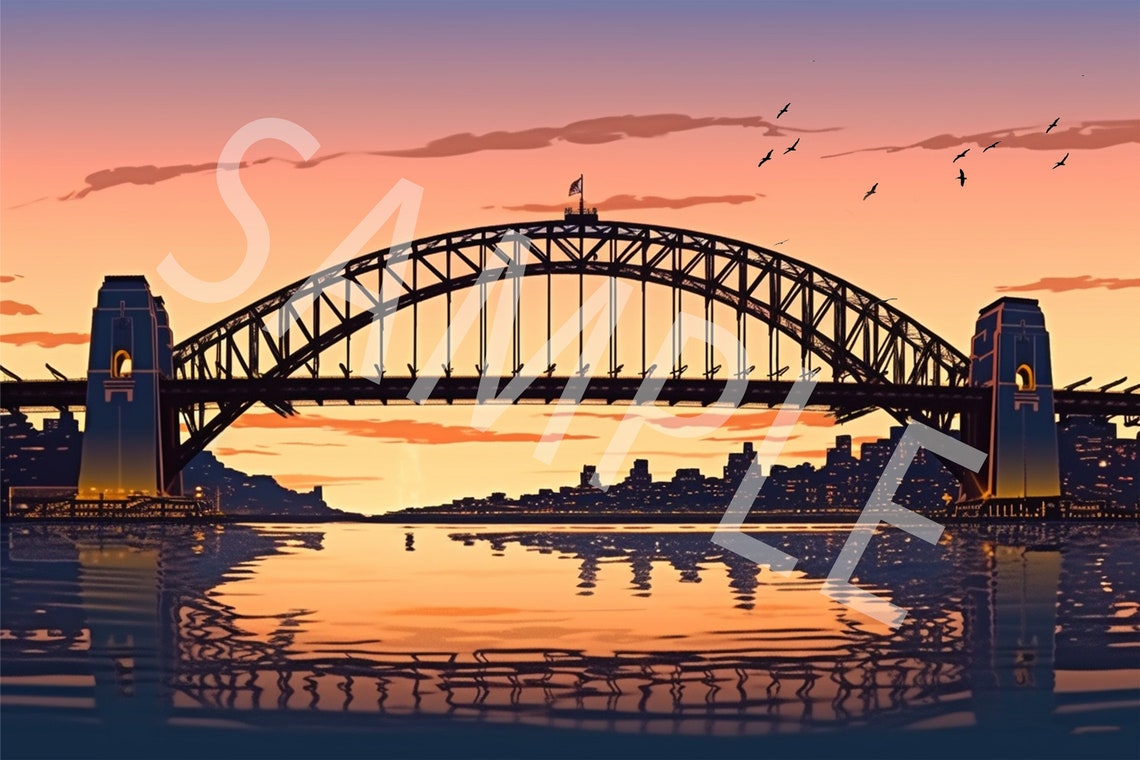 Sydney Harbour Bridge At Pink Sunset Water Reflection Art Poster - Image 2