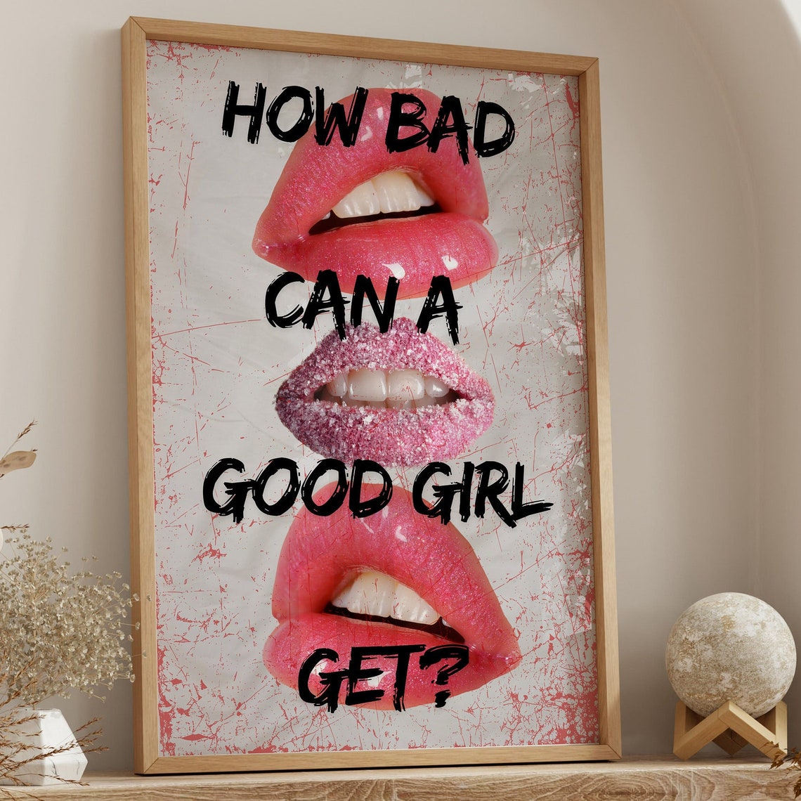 Lips Wall Art How Bad Can A Good Girl Get Print Girly Pink Coquette Wall Decor Maximalist Typography Y2k Poster