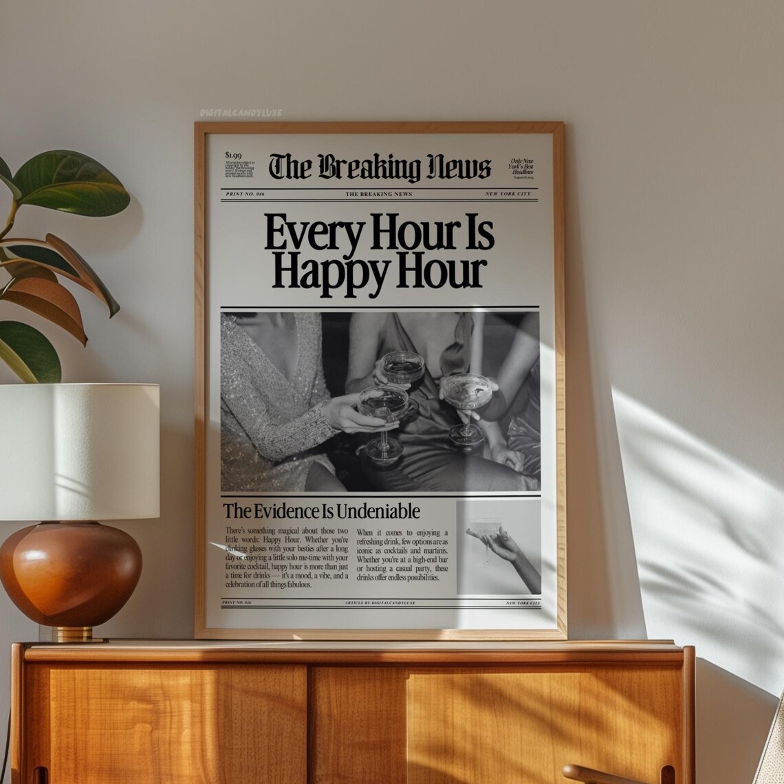 Newspaper Posters Bar Cart Happy Hour Wall Art Print