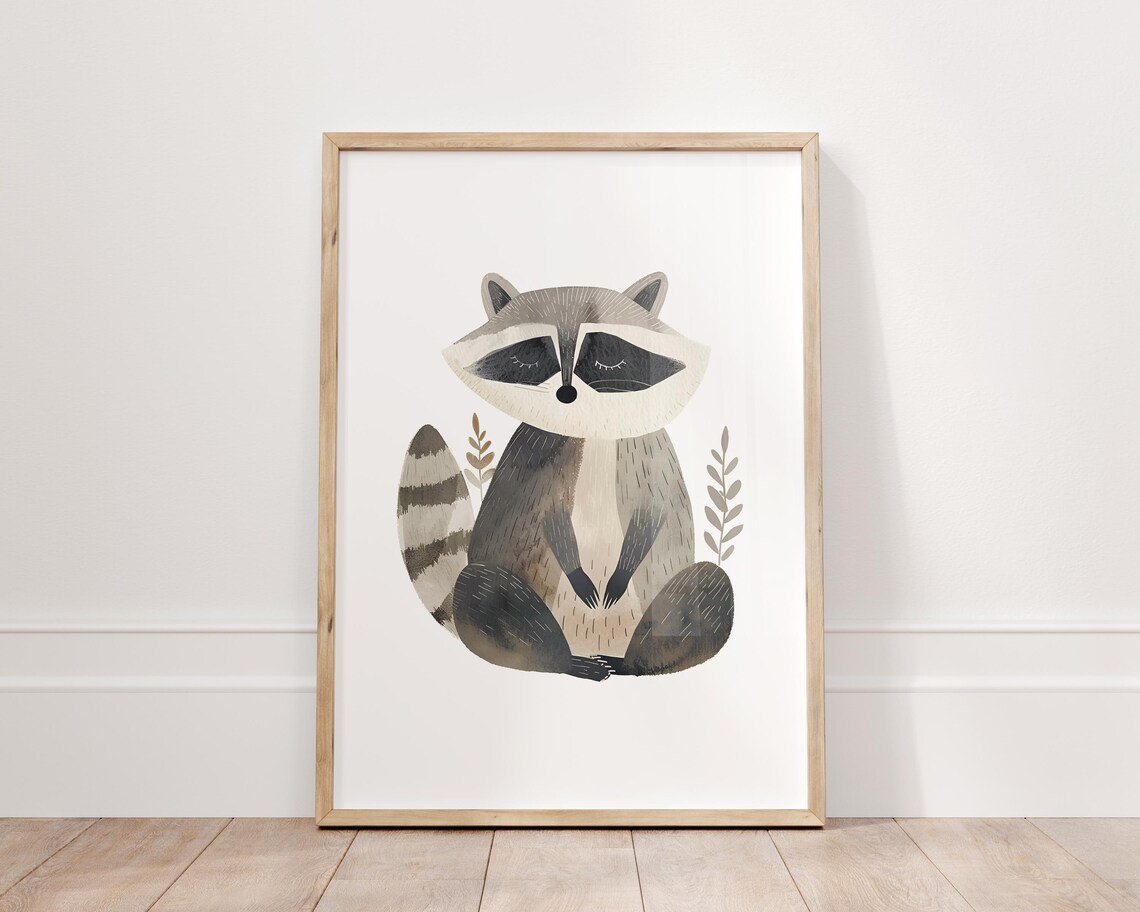 Sleeping Raccoon Watercolor Woodland Nursery Forest Animal Wall Art