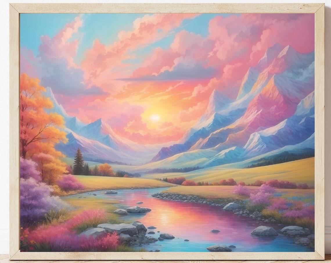 Pink Sunset Mountain Valley River Landscape Art Painting Poster