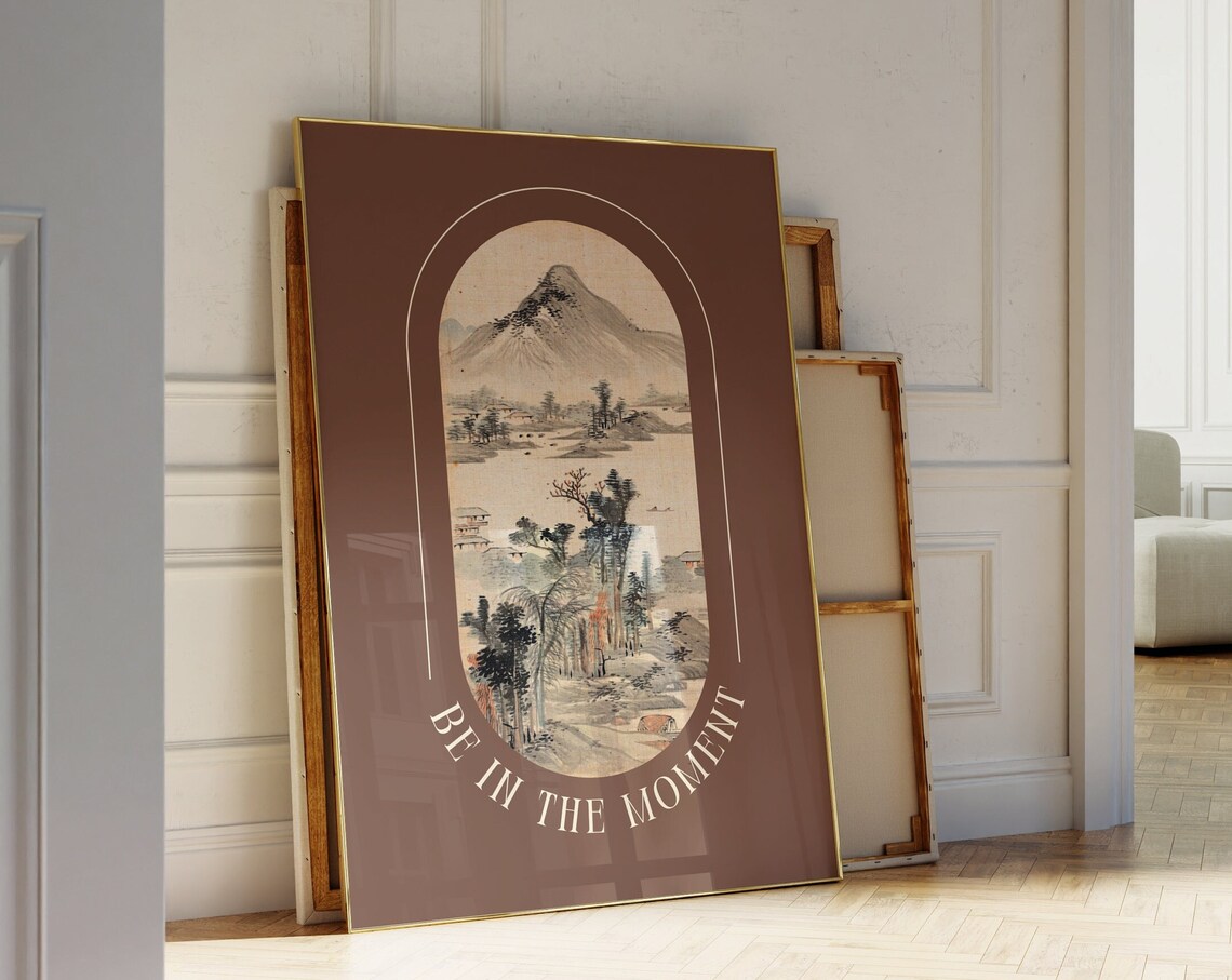 Be In The Moment Japanese Mountain Brown Zen Landscape Art Poster - Image 3