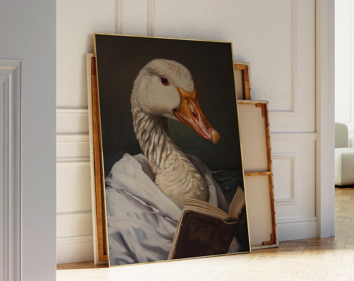 Reading Duck Antique Portrait Painting, Funny Gift