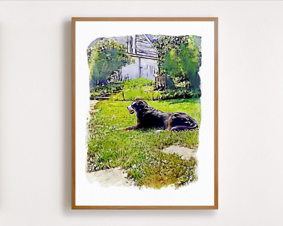 Smiling Man with Golden Dog on the Sandy Beach Watercolor Pet Poster - Image 8
