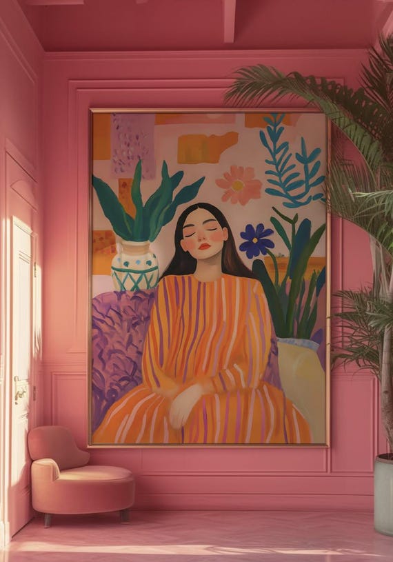 Maximalist Retro Boho Woman Portrait, Matisse Inspired
