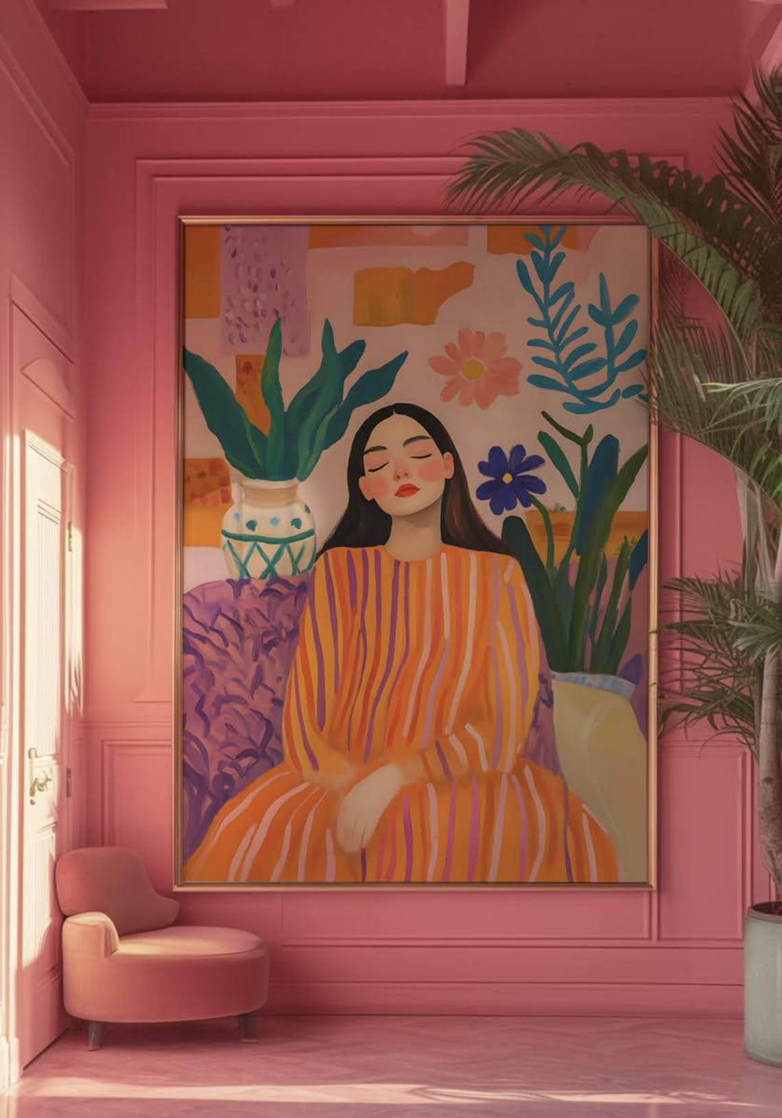 Maximalist Retro Boho Woman Portrait, Matisse Inspired