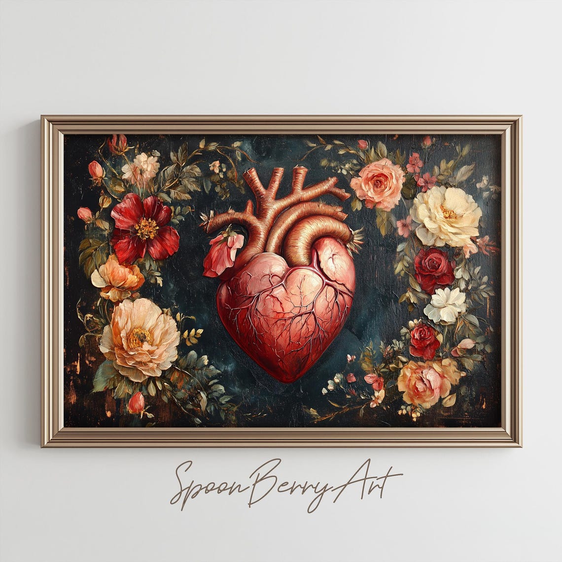 Heart Painting Anatomical Human Heart Wall Print Medical Print Wall Decor Floral Wall Art Dark Moody Oil Painting Art