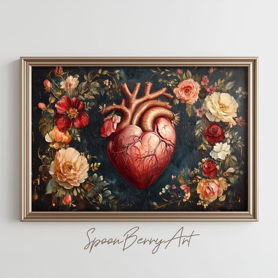 Heart Painting Anatomical Human Heart Wall Print Medical Print Wall Decor Floral Wall Art Dark Moody Oil Painting Art