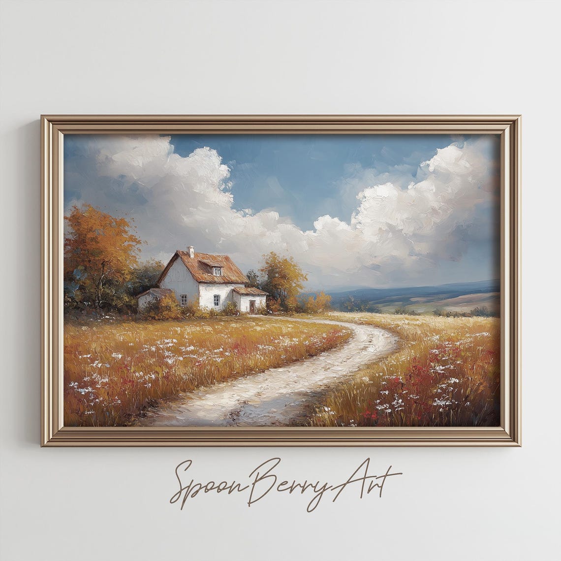 Country Cottage at the End of a Path Through Wildflowers Poster