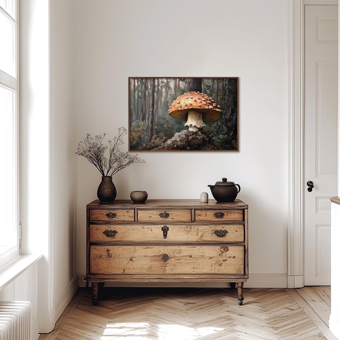 Fly Agaric Mushroom in a Misty Forest Vintage Oil Painting Poster - Image 3