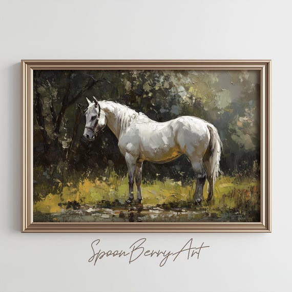 White Horse Painting Vintage Wall Decor Custom Art Print Oil Moody Cowboy Farm Barn Landscape