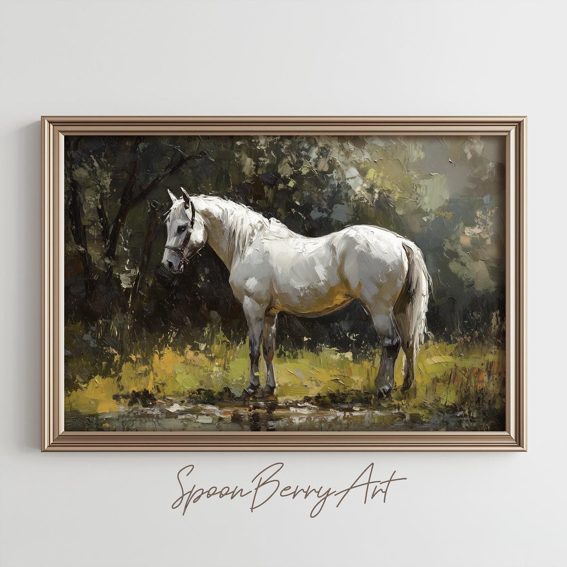 White Horse Standing by Water Moody Equestrian Oil Art Poster