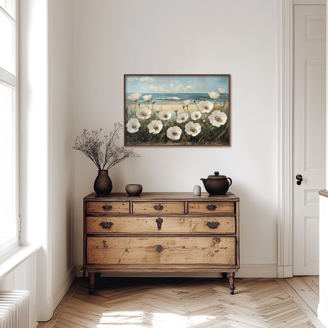 White Beach Flower Painting Vintage Flowers Wall Print Flower Print Wall Decor Floral Wall Art Moody Oil Painting Art - Image 4