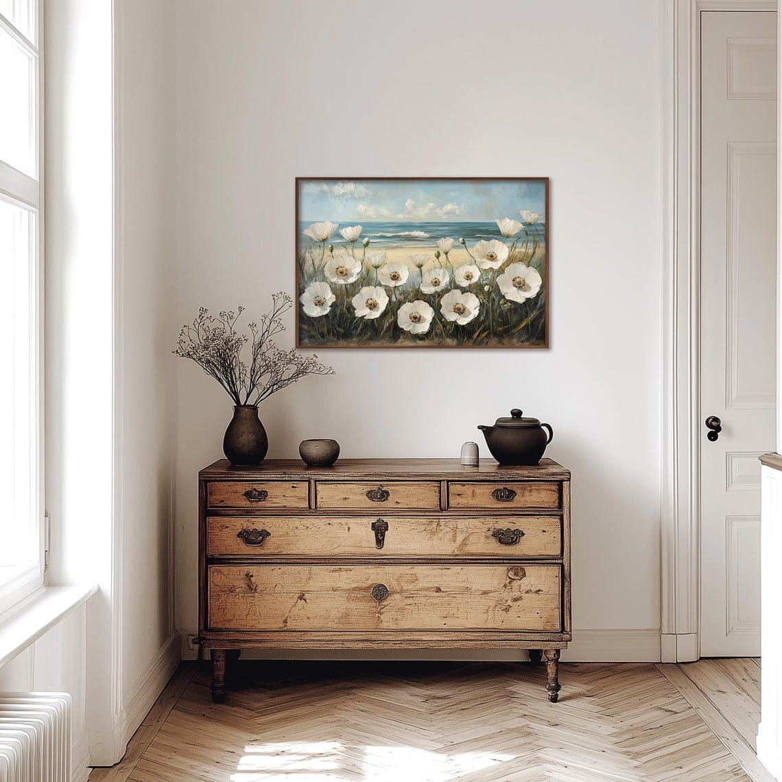 White Poppies Blooming On Sandy Beach With Ocean Waves Poster - Image 4