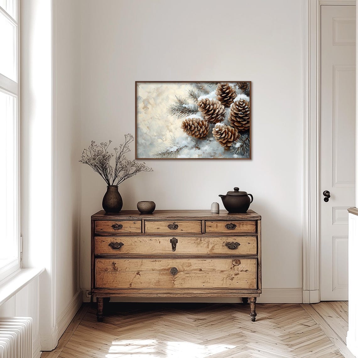 Snow-Dusted Pine Cones Resting on a Snowy Evergreen Branch Poster - Image 4