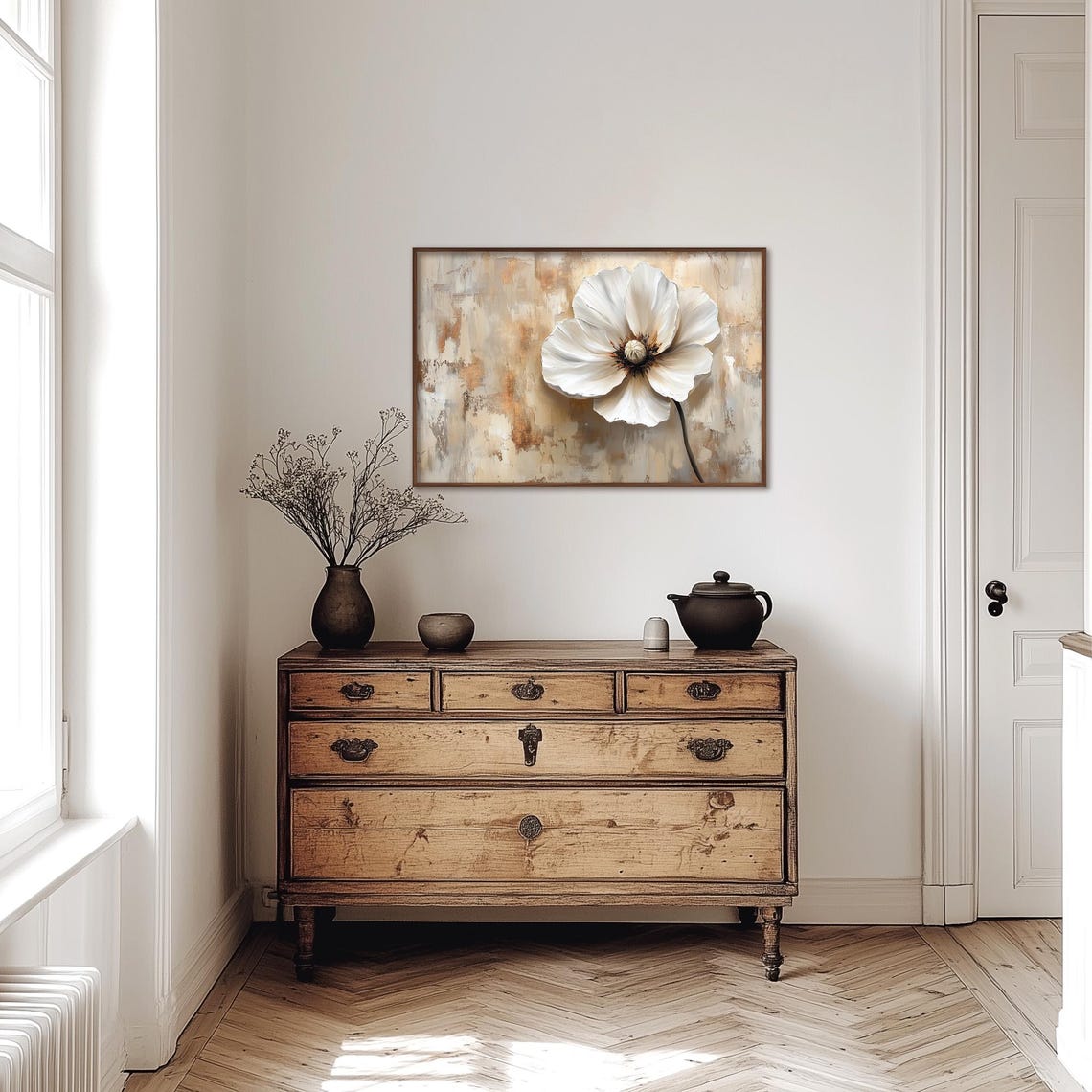 Large White Poppy Flower On Textured Beige Impasto Canvas Poster - Image 4