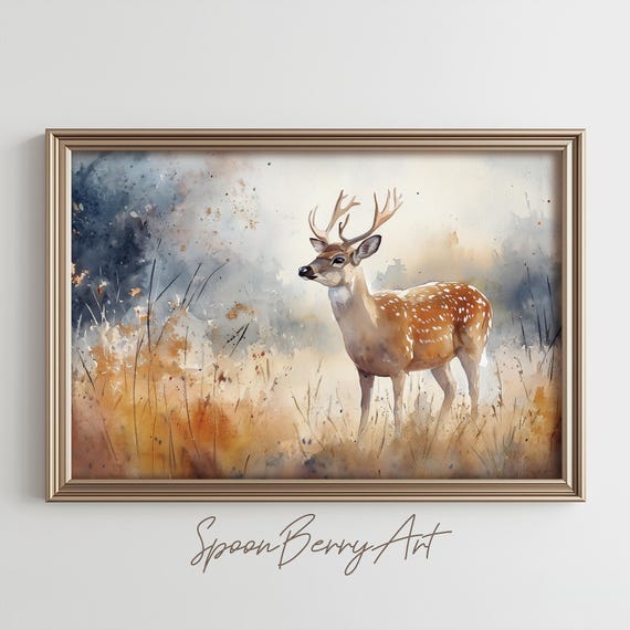 Deer Field Painting Vintage Deer Wall Decor Custom Art Print Watercolor Moody Cowboy Lodge Landscape