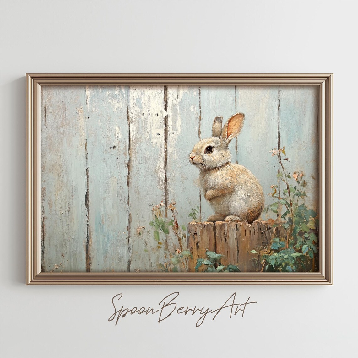 Little Bunny on Wooden Stump Country Farmhouse Nursery Poster