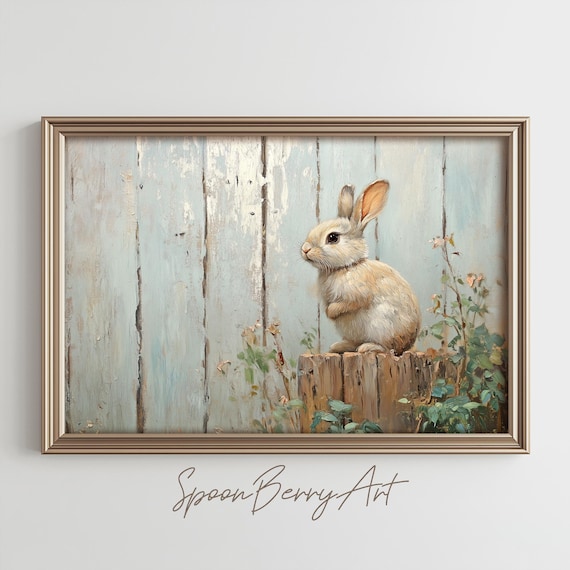 Little Bunny on Wooden Stump Country Farmhouse Nursery Poster