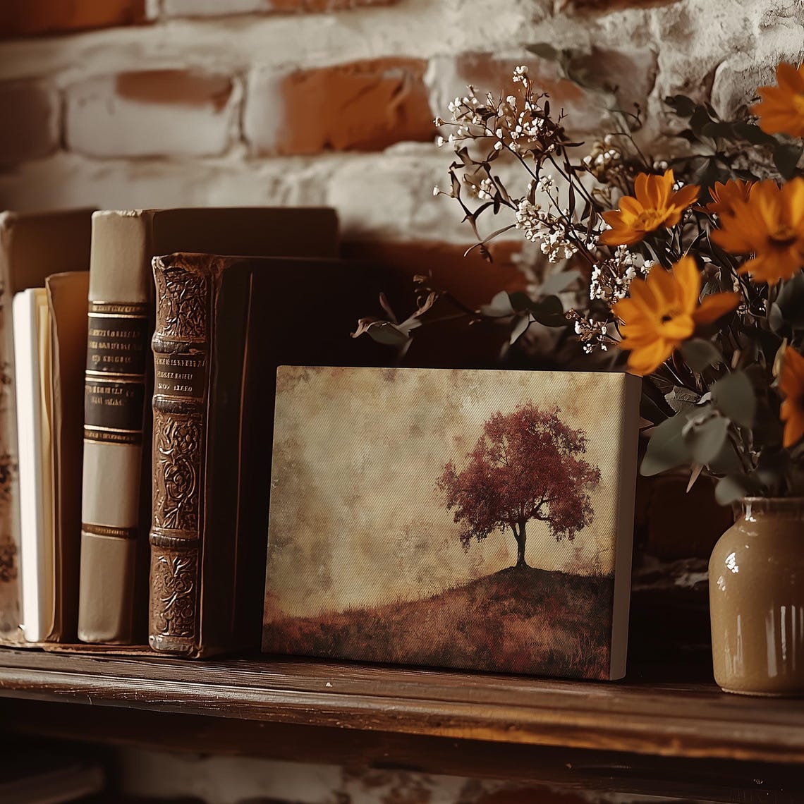 Lone Red Tree on a Hill in Vintage Sepia Tones Landscape Poster - Image 3